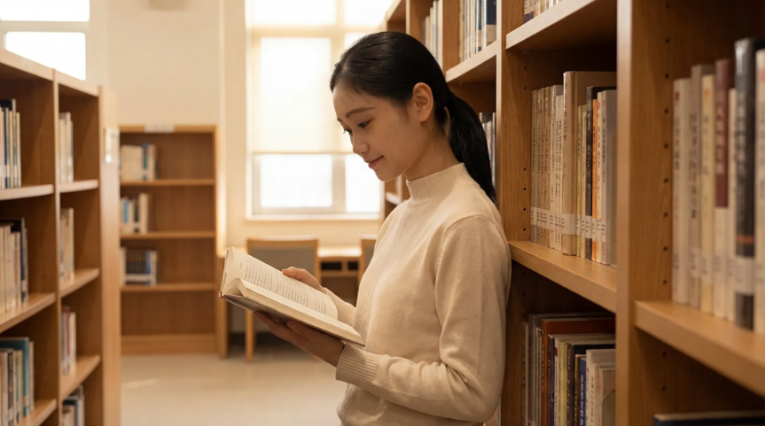Woman reading a book in a library